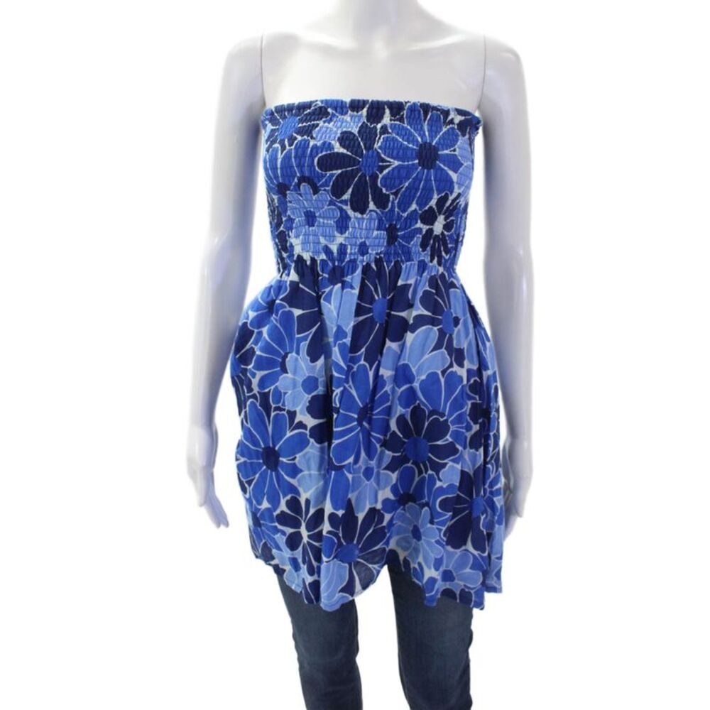 Faithfull The Brand Womens Cotton Floral Smocked Sleeveless Blouse Blue Size 4